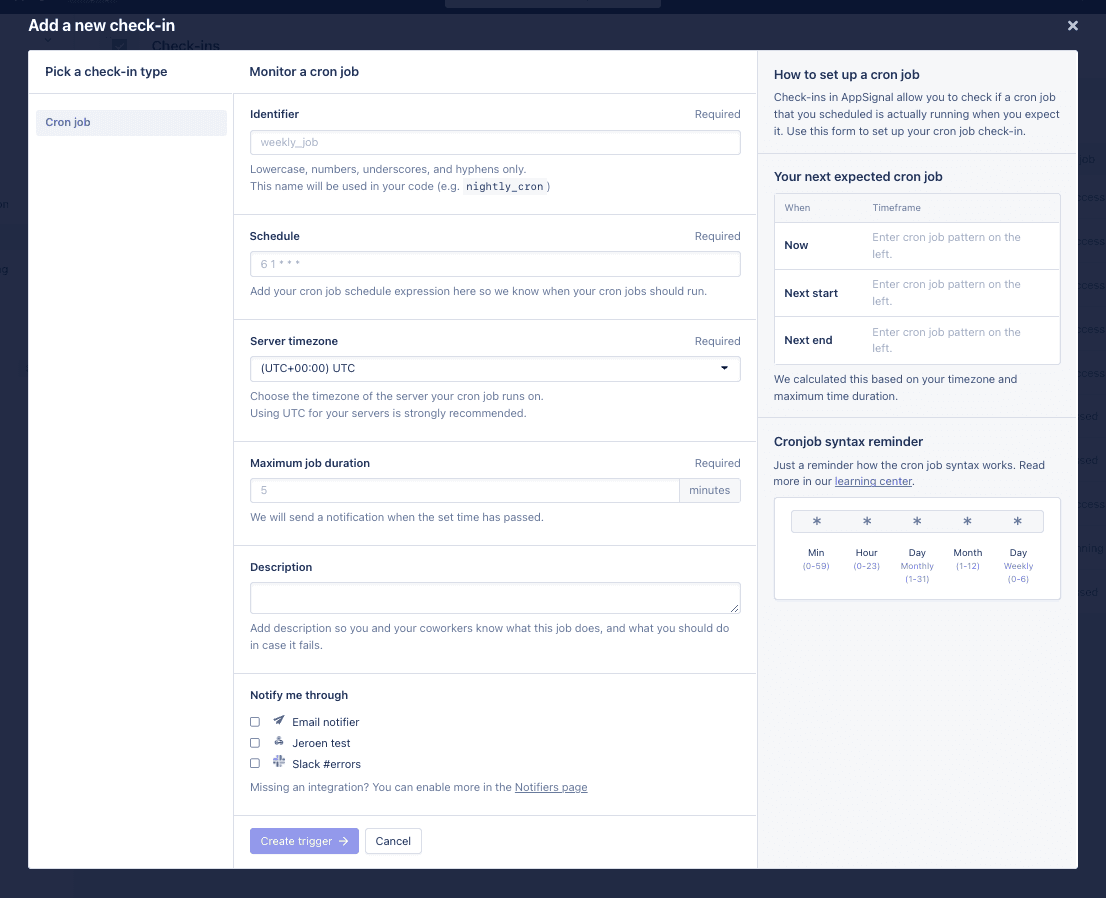 Screenshot of cron check-ins form