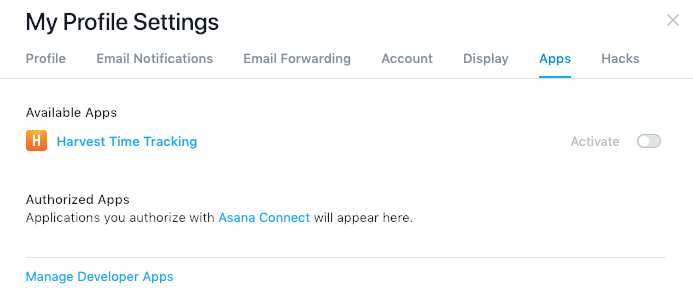 Asana profile settings - Apps tab