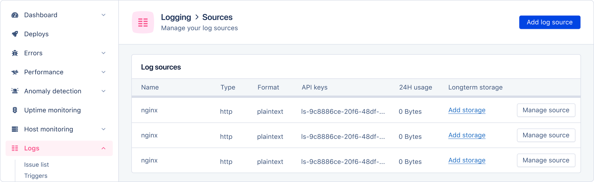 Image of log sources with Add source link