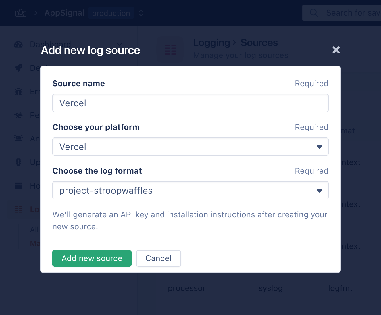 Screenshot of Logging Sources page
