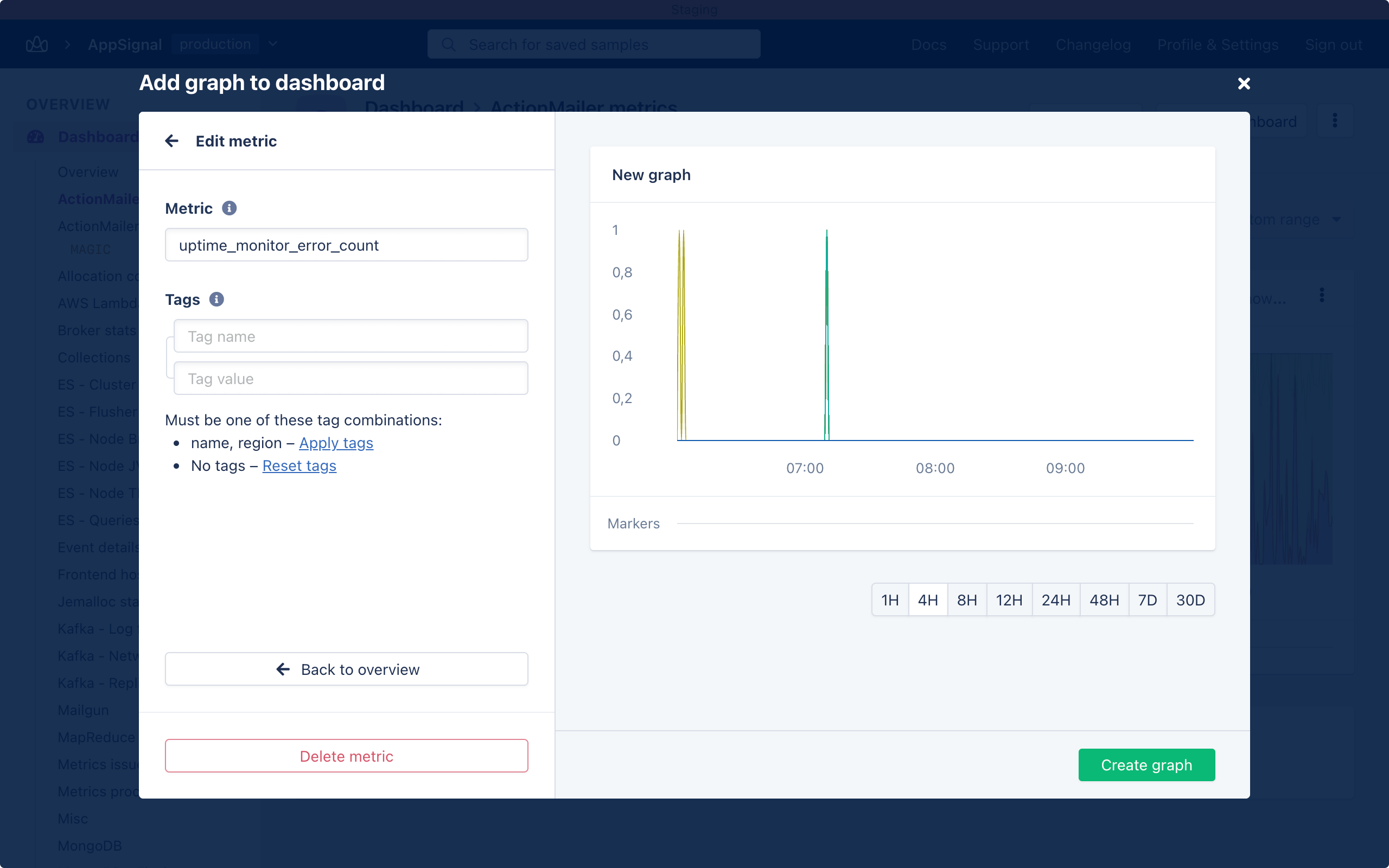 Screenshot of uptime monitoring error count custom metrics form